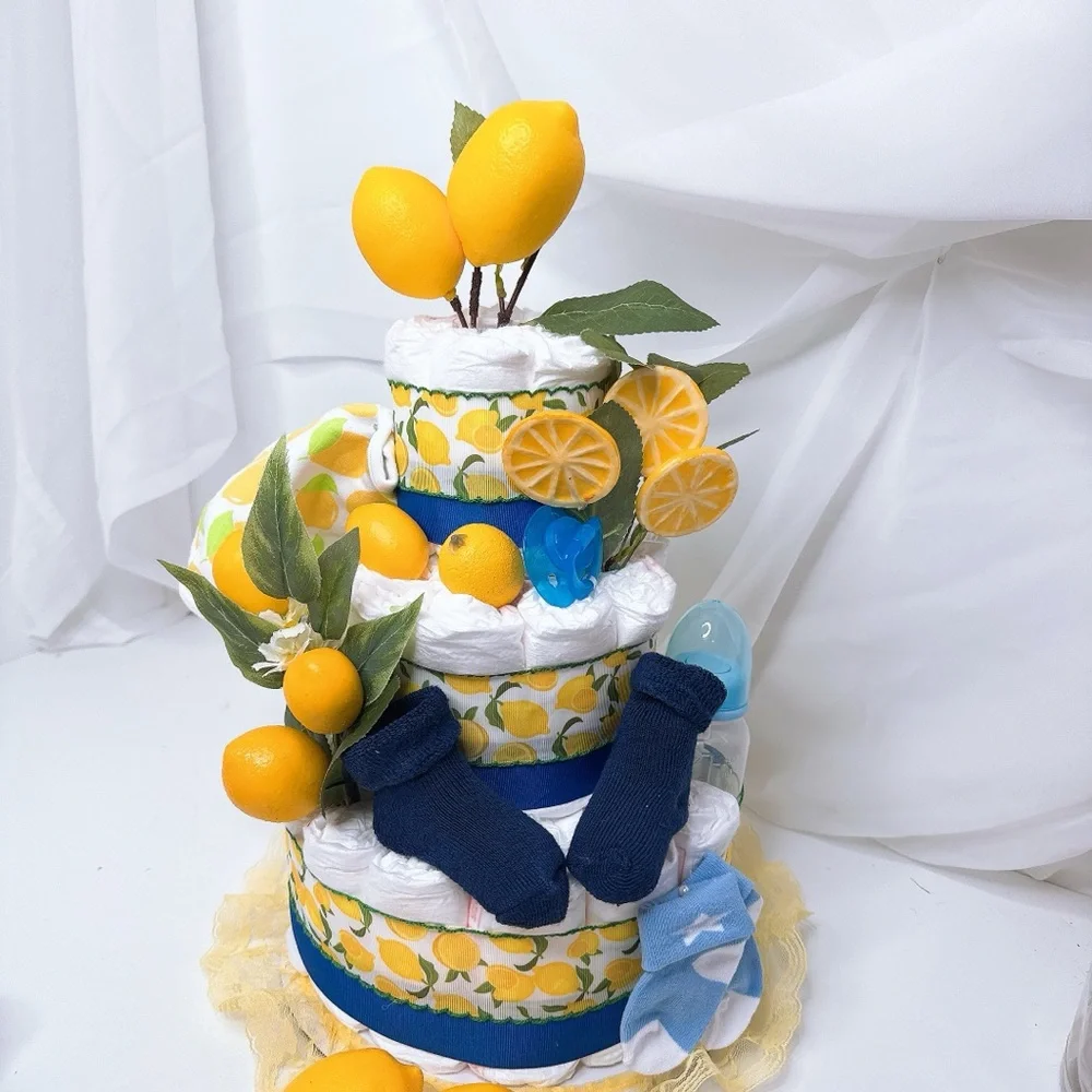 Lemon-Themed Diaper Cake with Blue Accents